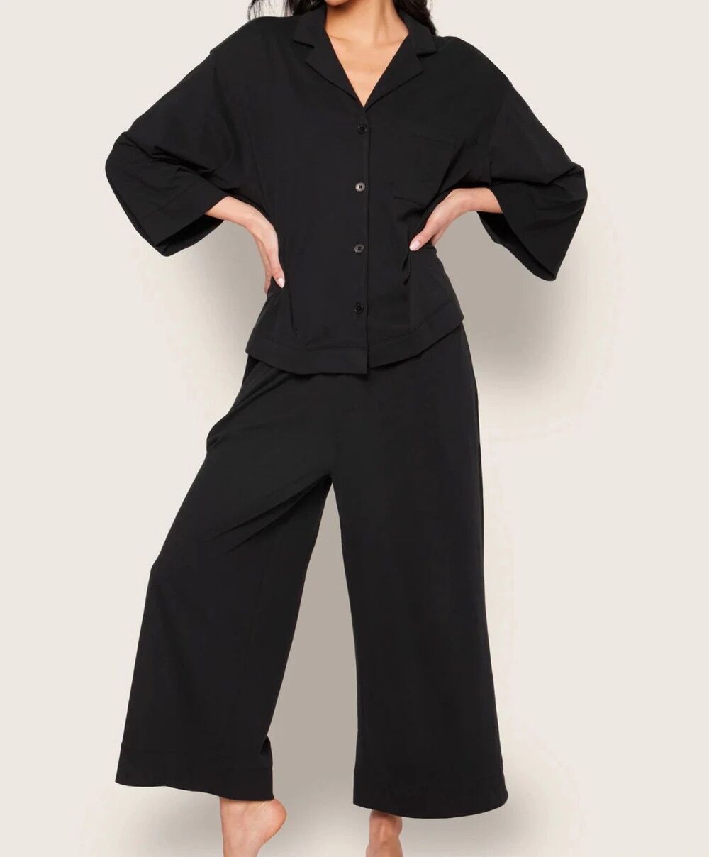 New PETITE PLUME Luxe Pima Cotton Wide Leg Pajama Set in Black Size XS $138